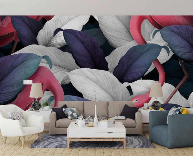 Elegant Tropical Flamingo Wall Mural – Exotic Jungle Wallpaper Featuring Pink Flamingos and Oversized Botanical Leaves in Navy, Silver, and Green for Modern Interiors.