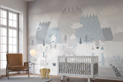 Scandinavian-style nursery wall mural featuring snowy mountains, foxes, rabbits, and a bear in soft pastel tones. Perfect for a cozy and modern kids’ room or baby nursery.