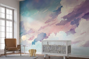 Watercolor cloud wall mural in soft pastel hues of pink, blue, and lavender, creating a dreamy sky effect for kids' rooms and nurseries.