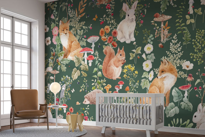 Enchanted forest animals wall mural with foxes, rabbits, hedgehogs, wildflowers, and mushrooms in a vintage botanical style, set against a deep green background.
