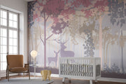 Deer and woodland silhouette mural with soft pastel trees, creating a peaceful forest scene for kids’ rooms and nurseries.