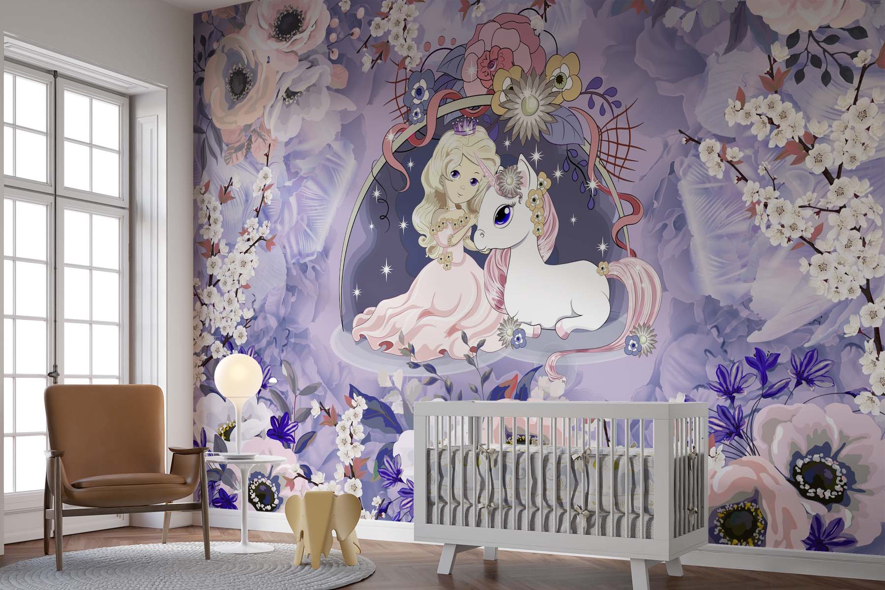 Princess & Unicorn Wall Mural – Fantasy Fairytale Wallpaper for Kids' Rooms, featuring dreamy pastel florals and a magical princess with her unicorn companion.