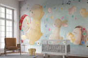 Illustrated woodland animal wall mural featuring a bear playing a drum, a bunny with marbles, a hedgehog with lights, and a mouse with maracas, surrounded by music notes and confetti – perfect for nurseries and kids’ rooms.
