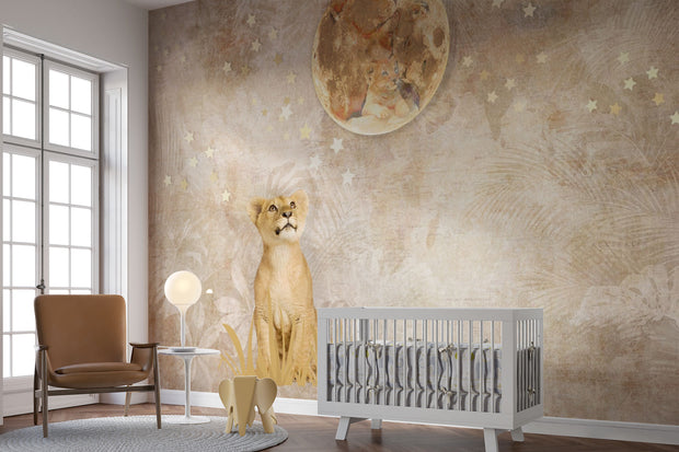 Safari lion cub wall mural featuring a realistic lion cub gazing at a glowing moon, surrounded by stars and warm beige tones, perfect for a cozy nursery.