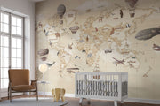 Vintage-style children's world map wall mural with hot air balloons and animals, styled in a nursery.