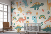 Playful dinosaur-themed wall mural with colorful cartoon dinosaurs, rainbows and flowers; decorating a cozy child’s bedroom .