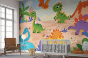 Playful cartoon dinosaur wall mural featuring friendly dinosaurs, a prehistoric landscape, volcanoes, and palm trees in bright, colorful tones for kid's rooms.