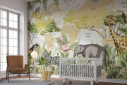 Children's world map wall mural with illustrated safari animals and tropical plants, styled in modern nursery setting.