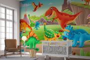 Cartoon dinosaur wall mural featuring a roaring T-Rex, playful dinosaurs, and a bright prehistoric landscape, perfect for kid's bedrooms and playrooms.