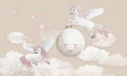 Whimsical Unicorn and Moon Wall Mural with flying unicorns, a smiling moon, pink stars, and fluffy clouds. Perfect fantasy decor for children's rooms.