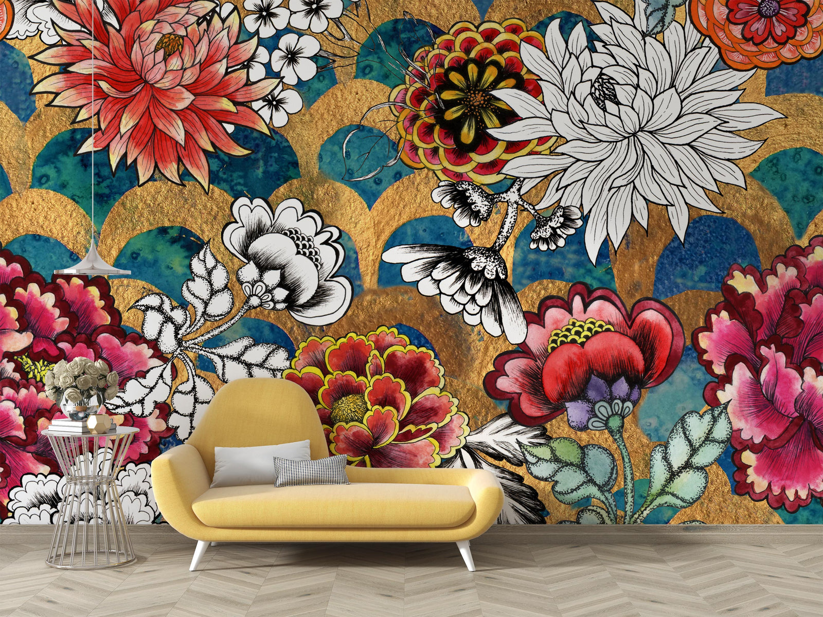 Colorful floral wall mural with peonies and gold accent decorating a living room.