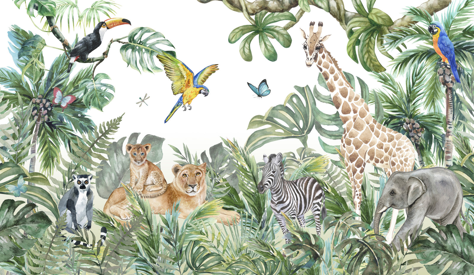 Safari adventure wall mural featuring watercolour jungle animals such as lions, giraffes, zebras, and parrots.
