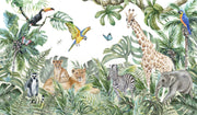 Safari adventure wall mural featuring watercolour jungle animals such as lions, giraffes, zebras, and parrots.