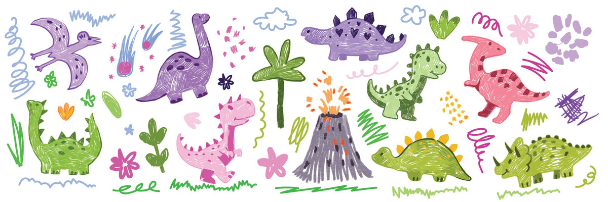 Bright and playful dinosaur doodle mural featuring colorful, crayon-style dinos, volcanoes, and prehistoric plants for a kids' room.