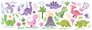 Bright and playful dinosaur doodle mural featuring colorful, crayon-style dinos, volcanoes, and prehistoric plants for a kids' room.