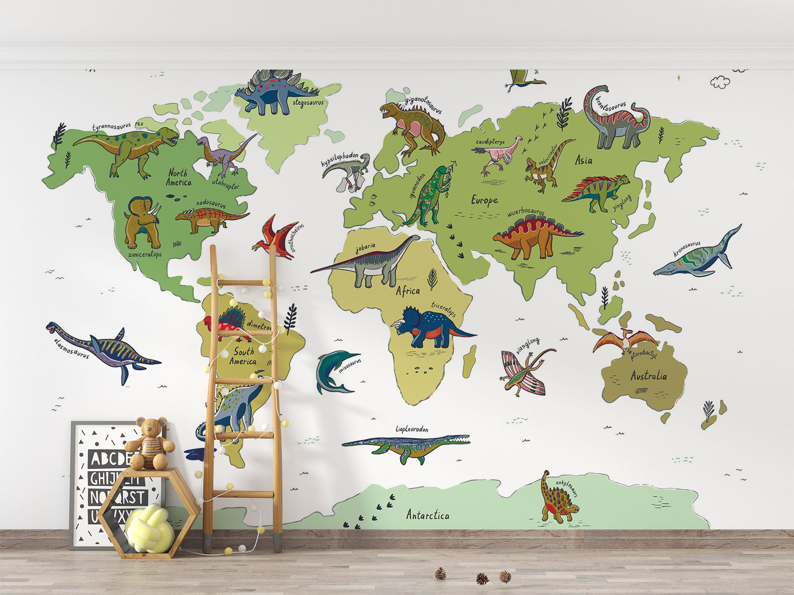 Educational dinosaur world map mural featuring hand-drawn dinosaurs across continents with labeled names, set against a fun green and earthy background.