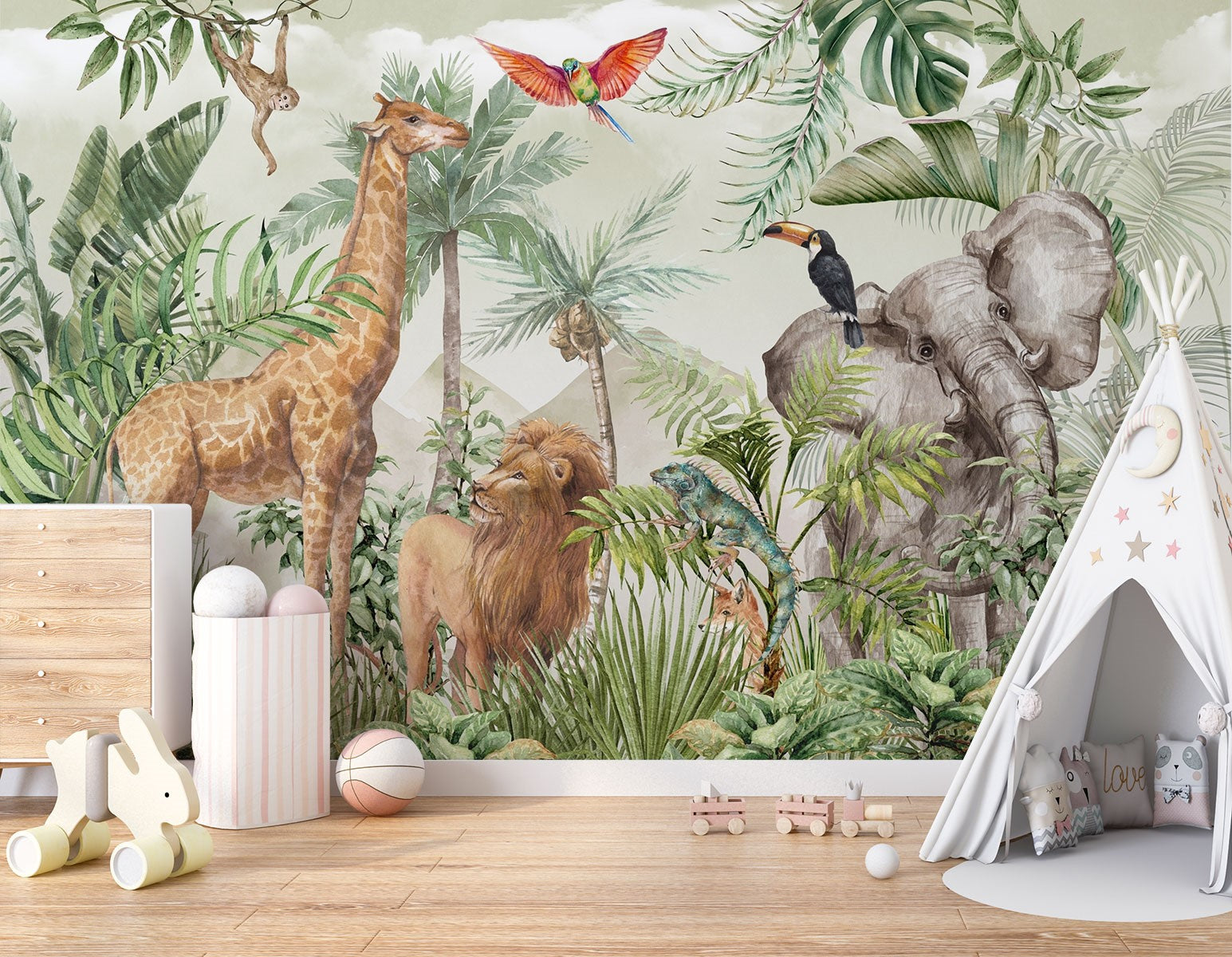 Tropical safari wall mural with exotic animals, including an elephant, giraffe, lion, toucan, and parrot, surrounded by lush tropical leaves and greenery – perfect for kid's rooms and nature-inspired interiors.

