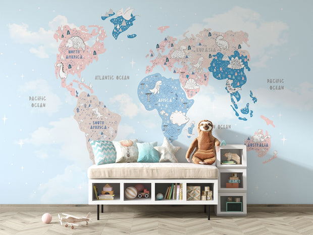 Pastel dinosaur world map wall mural featuring adorable prehistoric creatures, soft blue and pink tones and a whimsical design; perfect for kid's rooms and nurseries.