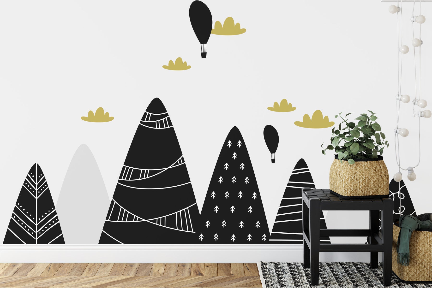 Cartoon mountains and hot air balloons wall mural image 0