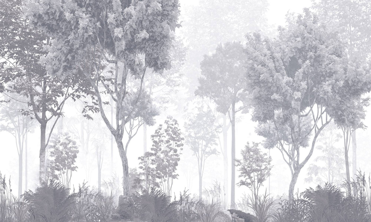 Monochrome forest wall mural with misty trees, grayscale nature wallpaper for elegant interiors.