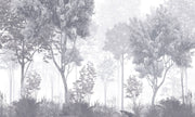 Monochrome forest wall mural with misty trees, grayscale nature wallpaper for elegant interiors.
