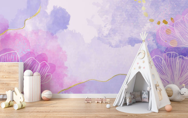 Watercolor flower-themed mural in pink, purple, and lavender with gold accents, decorating kid's playroom.