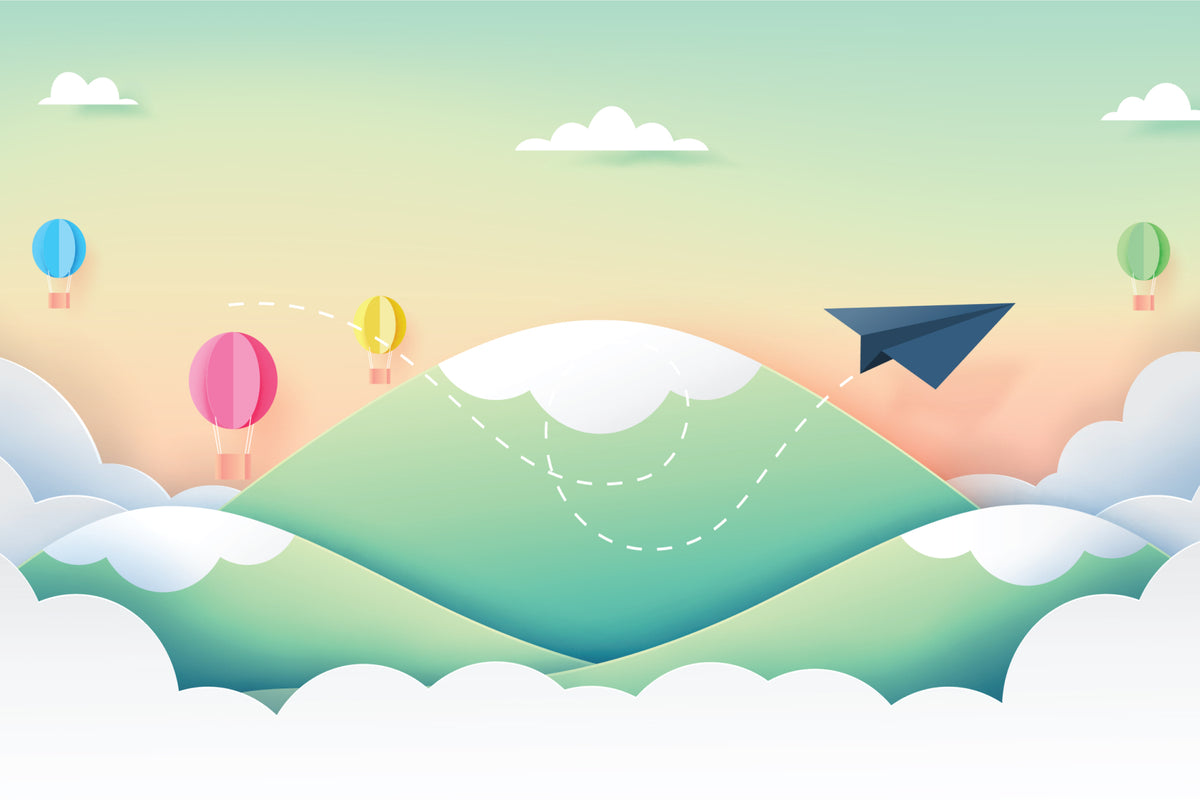 Paper aeroplane and hot air balloons wall mural image 1