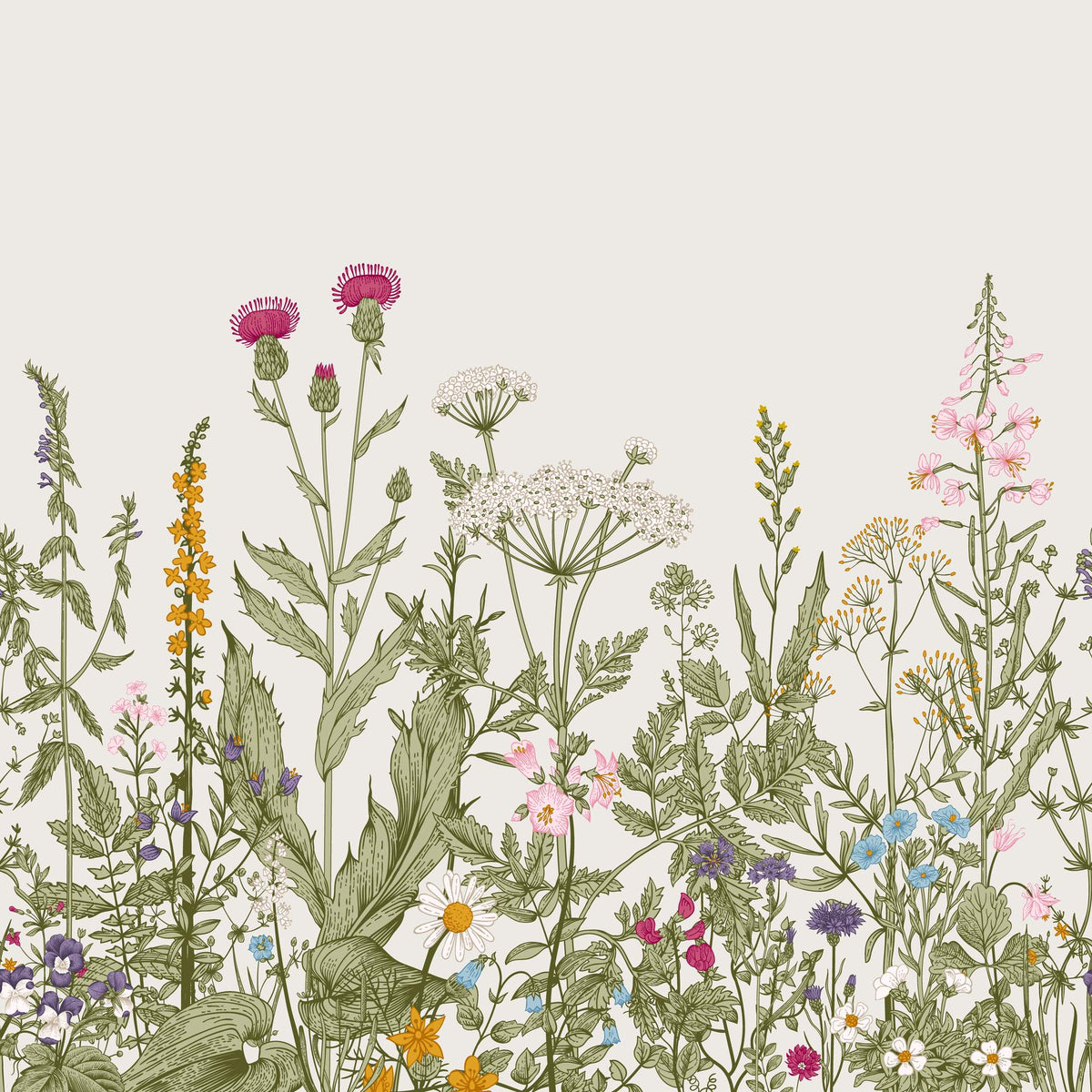 Meadow Bloom Wall Mural featuring delicate wildflowers and lush greenery on a soft-toned background.