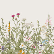 Meadow Bloom Wall Mural featuring delicate wildflowers and lush greenery on a soft-toned background.
