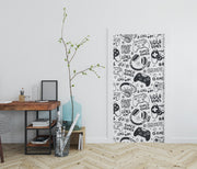 Black-and-white gaming-themed door mural featuring video game controllers, gamer doodles, and phrases like "Level Up!" and "Just Play!"