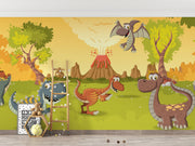 Colorful dinosaur wall mural with smiling dinosaurs, erupting volcanoes, and a sunny prehistoric landscape for kids' rooms and nurseries.