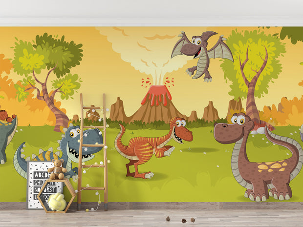 Colorful dinosaur wall mural with smiling dinosaurs, erupting volcanoes, and a sunny prehistoric landscape for kids' rooms and nurseries.