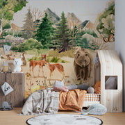 Forest Animals Wall Mural in a watercolor art style