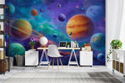 Room with a colorful space-themed wall mural featuring planets and stars.