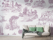 Toile de Jouy wall mural with delicate French countryside scenes in classic vintage style.