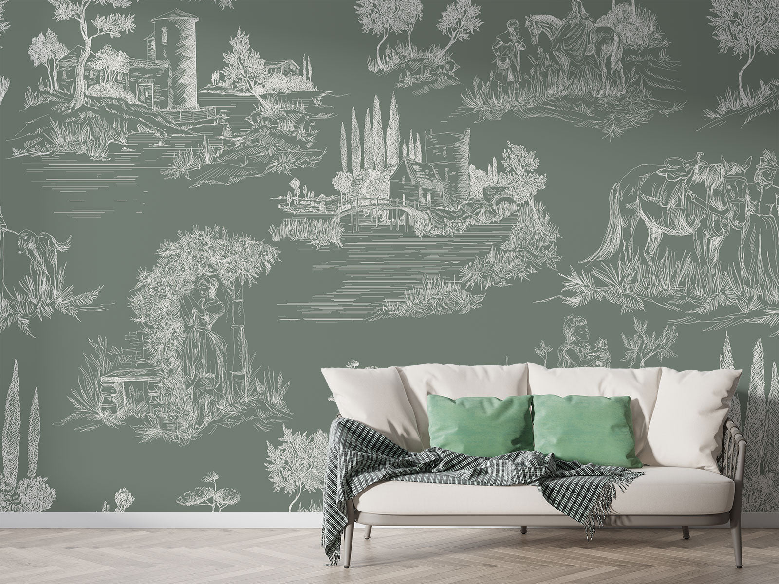 Timeless Toile Wall Mural featuring intricate pastoral illustrations on a muted green background, creating a vintage and elegant ambiance.