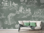 Timeless Toile Wall Mural featuring intricate pastoral illustrations on a muted green background, creating a vintage and elegant ambiance.