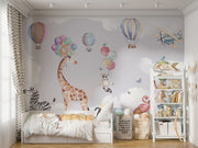Safari-themed wall mural with watercolor animals, hot air balloons, and a pastel sky—ideal for nursery and kids' room décor.