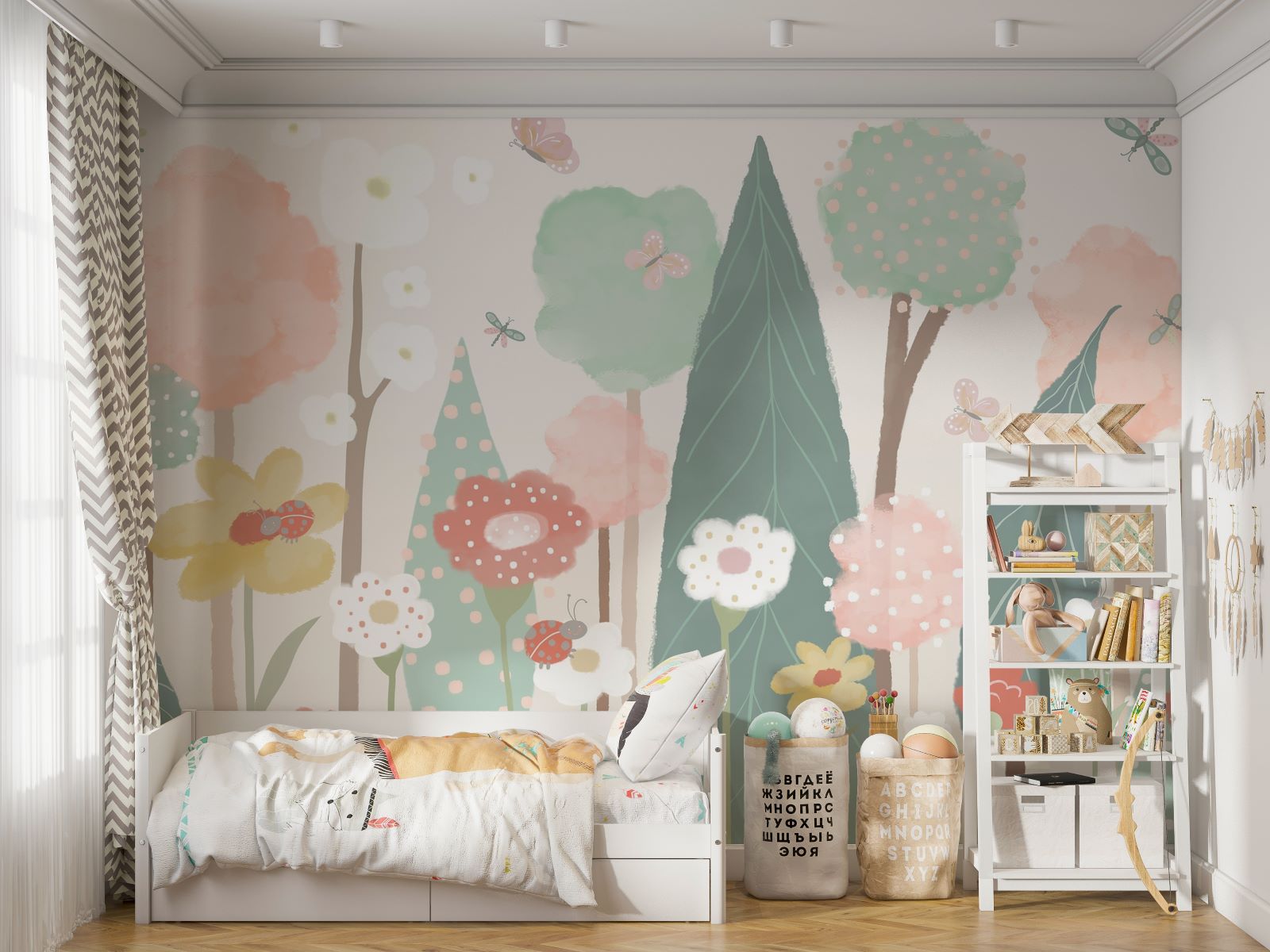 Charming wallpaper mural featuring colourful flowers, tall trees, and delicate butterflies, ideal for creating a whimsical and vibrant interior.