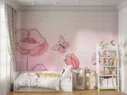 Floral and butterfly-themed wall mural with delicate line art of flowers and butterflies on a soft pink background, decorating a stylish children's room.