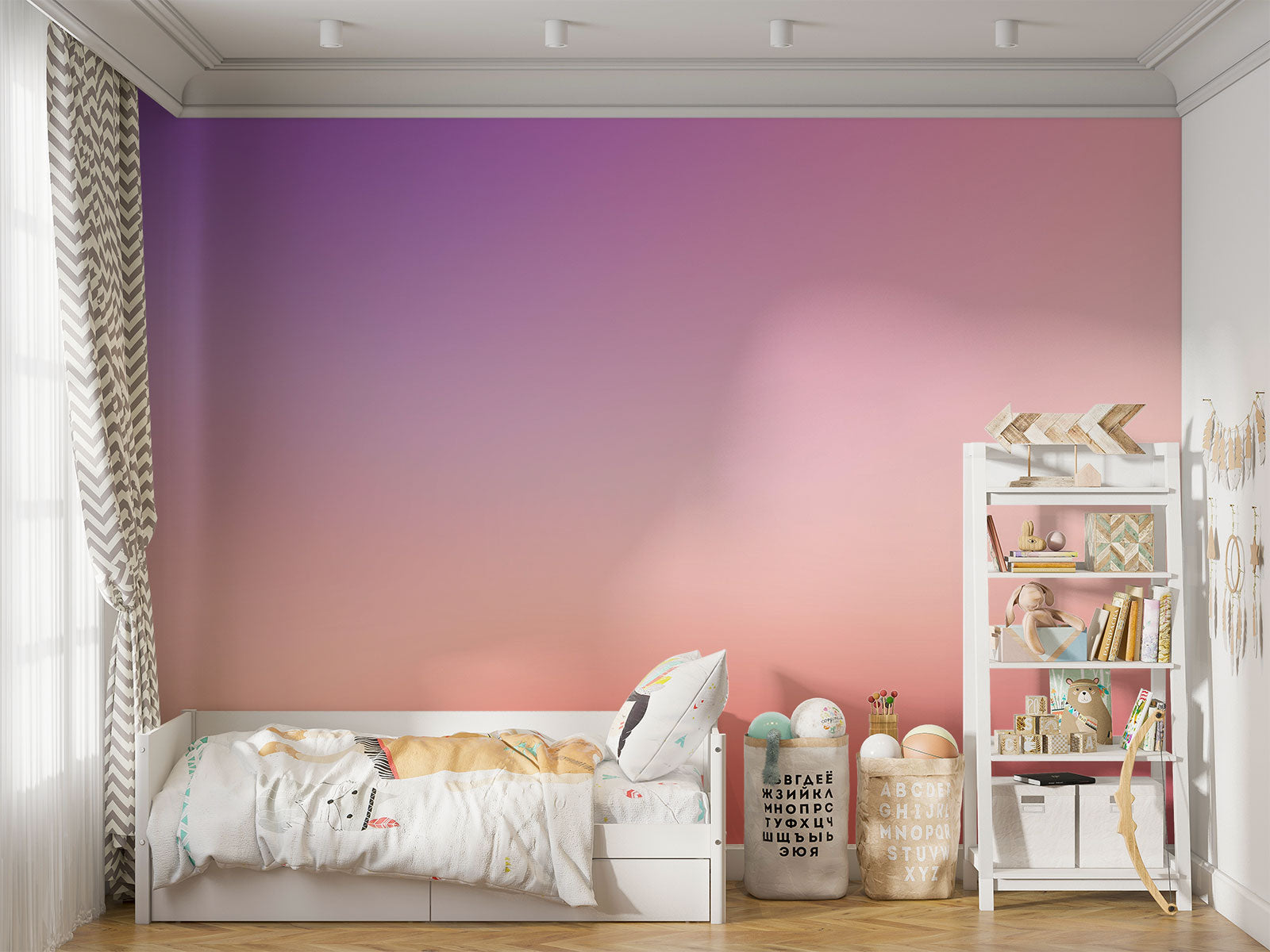 Calming ombre wall mural transitioning from blush pink to twilight purple, ideal for kids' rooms and nurseries.