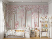Fairy Forest Wall Mural with whimsical fairies, unicorns, cherry blossoms, and woodland scenery, perfect for a magical-themed children's room.