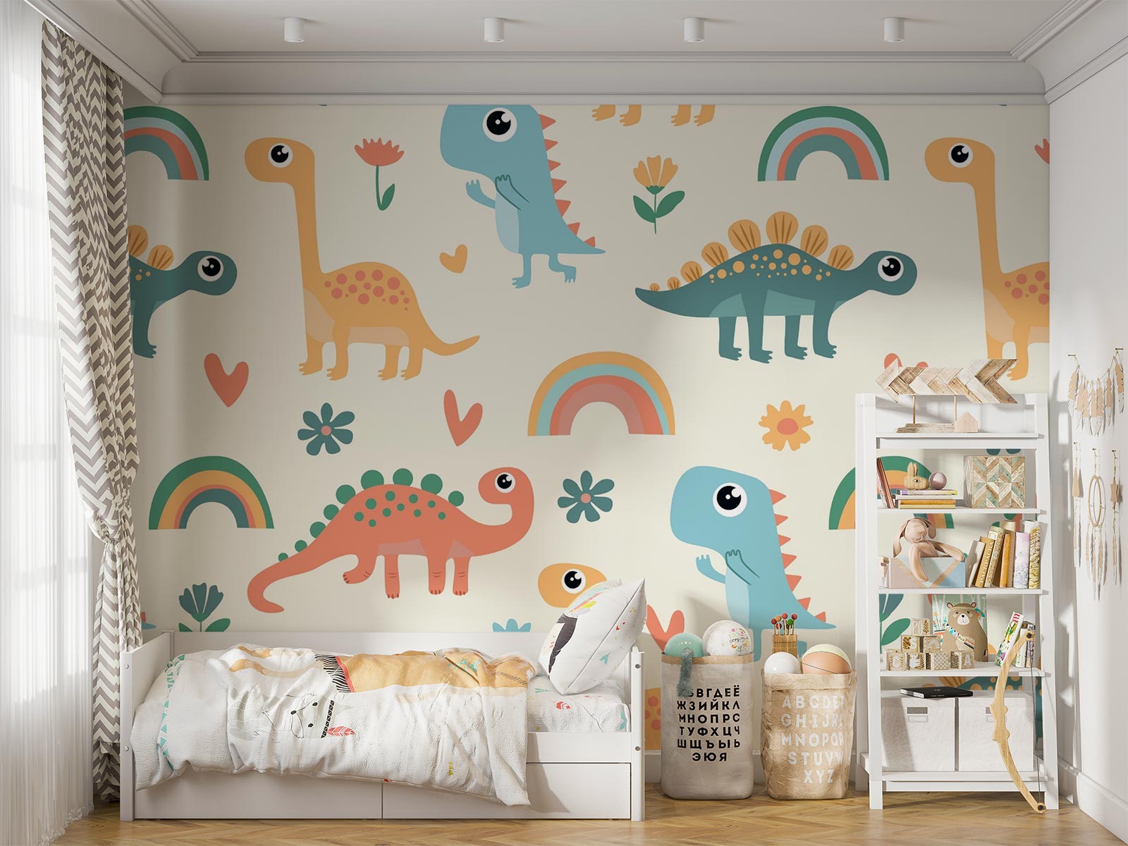 Playful dinosaur-themed wall mural with colorful cartoon dinosaurs, rainbows and flowers; decorating a cozy child’s bedroom with a modern bed and wooden decor.