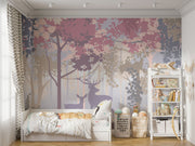 Deer and woodland silhouette mural with soft pastel trees, creating a peaceful forest scene for kids’ rooms and nurseries.