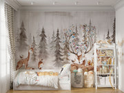 Enchanted meadow nursery wall mural with watercolor forest animals.