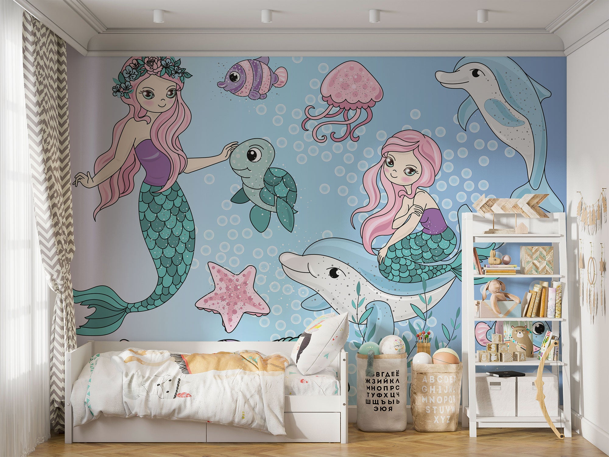Whimsical underwater-themed mural with pastel mermaids, dolphins, turtles, jellyfish, and fish set against a blue bubble-filled background in a cozy kids' room.