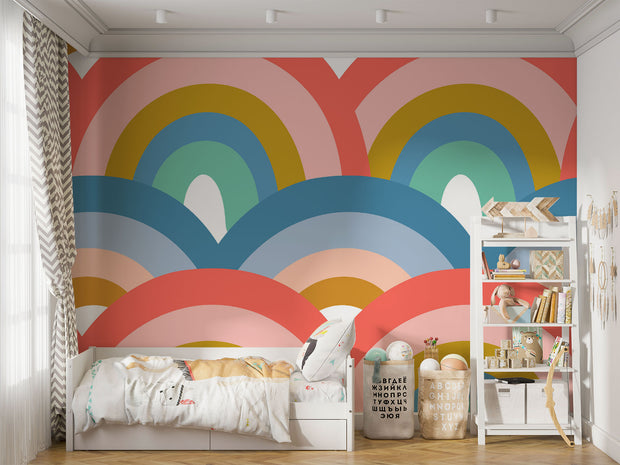Colorful retro rainbow mural in a kids bedroom, pastel toys and playful decor.