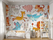 Colorful cartoon animal wall mural in a children's playroom featuring a fox, lion, bunny, shark, elephant, and more
