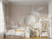 Whimsical Unicorn and Moon Wall Mural with flying unicorns, a smiling moon, pink stars, and fluffy clouds. Perfect fantasy decor for children's rooms.