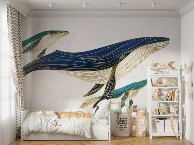 Line art whale mother with children wall mural decorating a kids' room.